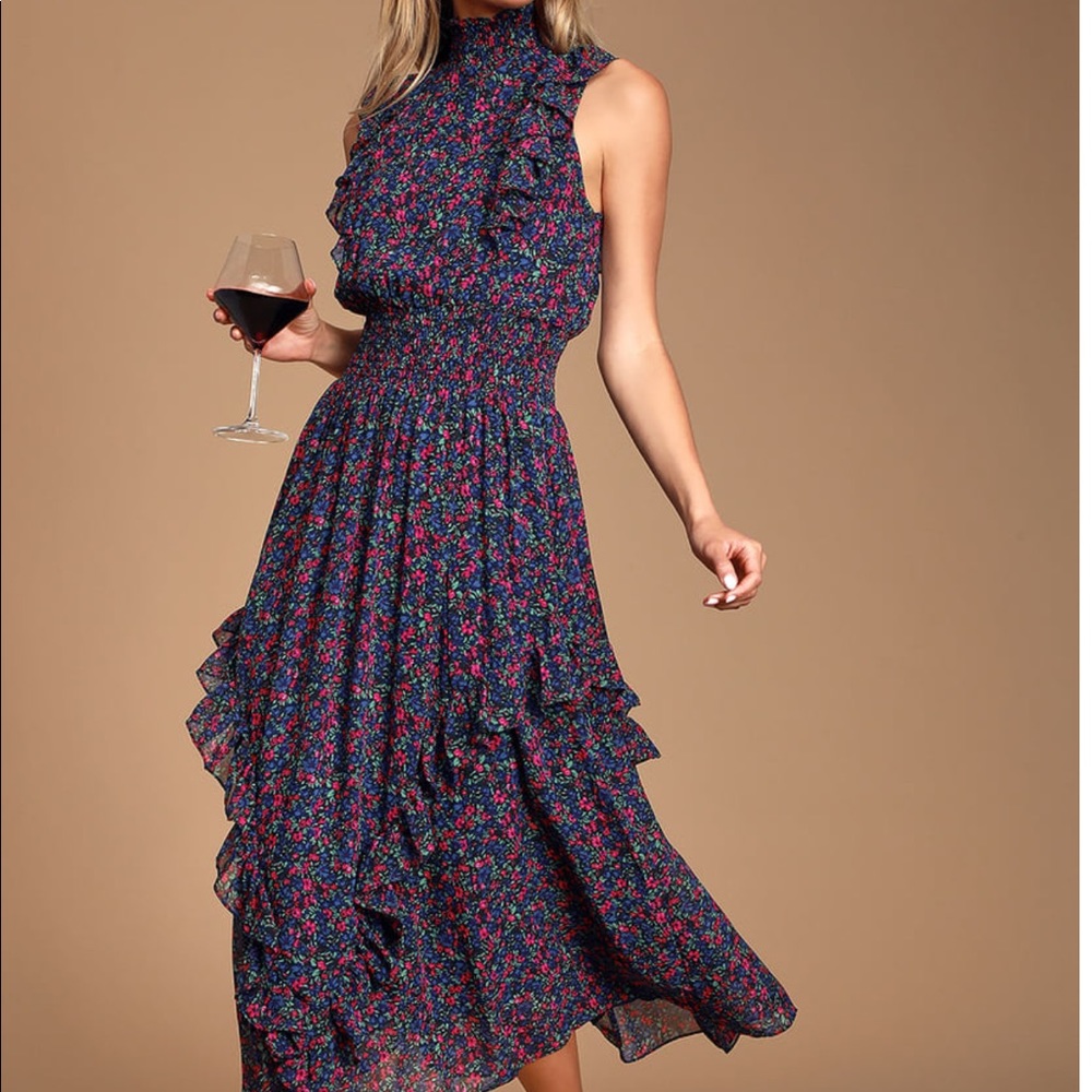 Floral Lulu’s Mock Neck MIDI Dress - Large
